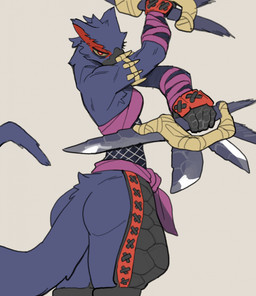 5_fingers anthro anthrofied armlet armor arms_bent beak black_body black_scales blue_body blue_fur breasts butt clothed clothing crossed_arms dagger eyelashes female fingers fishnet_clothing fishnet_topwear fur gauntlets gloves handwear holding_dagger holding_melee_weapon holding_object holding_weapon legwear looking_at_viewer melee_weapon nargacuga_armor narrowed_eyes pose raised_arm red_eyes red_inner_ear scales scuted_hands scutes simple_background skimpy solo standing tail tan_background thick_thighs three-quarter_view topwear unconvincing_armor weapon yolabayola1 capcom monster_hunter flying_wyvern nargacuga 2025 absurd_res colored digital_media_(artwork) hi_res portrait three-quarter_portrait
