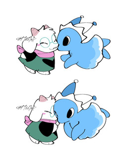 :3 ambiguous_anthro ambiguous_gender anthro barefoot biped black_eyes blush blush_stickers chibi clothed clothing duo eyes_closed eyewear feet floppy_ears fool's_hat fully_clothed fur glasses green_clothing hat hat_only headgear headgear_only headwear headwear_only heart_print heart_symbol horn kemono looking_at_another monotone_body monotone_fur mostly_nude mouthless nuzzling one_eye_closed pink_horn pink_scarf scarf simple_background smile standing water white_background white_body white_ears white_fur mochimochiland deltarune undertale_(series) ralsei bovid caprine darkner elemental_creature goat mammal mizzle_(deltarune) water_creature 2025 colored digital_media_(artwork) flat_colors hi_res