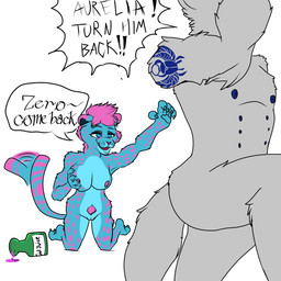 anthro blue_body blue_eyes blue_fur blue_nipples crossgender duo female fur gender_transformation genitals male male/female nipples nude pink_body pink_fur pink_nipples potion potion_bottle pubes speech_bubble text transformation vulva white_body white_fur weenpeen canid canine canis cheetah felid feline mammal scarab_beetle wolf 1:1 english_text hi_res