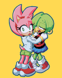 after_kiss blush bodily_fluids duo female female/female fur green_body looking_at_viewer looking_back pink_body pink_fur saliva saliva_on_tongue saliva_string sweat arborialrodent fleetway_comics sega sonic_the_comic sonic_the_hedgehog_(comics) sonic_the_hedgehog_(series) amy_rose_(fleetway) tekno_the_canary avian bird canary eulipotyphlan finch hedgehog humanoid mammal oscine passerine