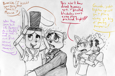 anthro bib blush bow_(feature) bow_tie clothing dialogue drunk eye_patch eyewear female group hat headgear headwear hook hook_hand machine male simple_background substance_intoxication text top_hat white_background inkyfrog five_nights_at_freddy's scottgames bonnie_(fnaf) chica_(fnaf) foxy_(fnaf) freddy_(fnaf) animatronic avian bear bird canid canine chicken fox galliform lagomorph leporid mammal phasianid rabbit robot 2015 english_text restricted_palette traditional_media_(artwork)