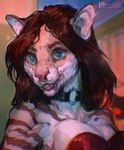 anthro blue_eyes breasts clothed clothing collar facial_piercing female hair nose_piercing nose_ring piercing ring_piercing septum_piercing solo text fossa666 felid feline mammal 2022 bust_portrait digital_media_(artwork) hi_res portrait url