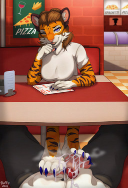 4_toes 5_fingers anthro barefoot black_lips blue_claws blue_eyes bodily_fluids booth bottomwear breasts brick_wall brown_hair cheek_tuft claws clothed clothing countershade_feet countershade_fur countershade_hands countershading cum cum_on_clothing cum_on_feet cum_on_penis cum_on_self duo eyebrows eyelashes facial_markings facial_tuft feet female fingers floor food foot_fetish foot_on_penis foot_play footjob footwear foreskin fur furniture genital_fluids genitals glans hair head_markings humanoid_genitalia humanoid_hands lips long_hair male male/female markings menu menu_board one_eye_closed open_mouth orange_body orange_fur orgasm pants partially_clothed pawpads paws penile penis pink_nose pink_pawpads pink_penis pizza plantigrade poster public public_sex red_glans restaurant retracted_foreskin sex shirt silhouette smile striped_body striped_fur stripes t-shirt table tile tile_floor toe_claws toes topwear tuft under_table_footjob wall_(structure) wavy_hair white_body white_fur wink fluffy_void karo_(karo-stella) stella_evans felid lion mammal pantherine tiger hi_res story_at_source