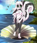 anthro bivalve_shell breasts covering covering_self day detailed_background female fluffy fluffy_tail grass green_eyes mollusk_shell nipples nude outside plant seaside shell solo standing tail water caliluminos birth_of_venus mammal mephitid skunk absurd_res hi_res inspired_by_formal_art signature