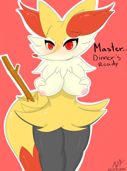anthro bedroom_eyes black_body black_fur blush breasts eyewear female fur half-closed_eyes happy master narrowed_eyes nipples orange_body orange_fur ownership red_eyes seductive simple_background smile solo stick tan_body tan_fur text yellow_body yellow_fur sblueicecream nintendo pokemon braixen canid canine generation_6_pokemon mammal pokemon_(species) english_text hi_res