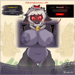 anthro areola bell bell_collar big_breasts black_body blush breasts clothing collar computer_keyboard computer_mouse desk dialogue electronics eyebrows female flustered furniture genitals glowing glowing_eyes grey_areola grey_body group hair hat headgear headwear horn huge_breasts inner_ear_fluff looking_down male monitor muscular muscular_male navel nipples open_mouth outline pivoted_ears red_eyes table tail text thick_thighs tongue trio tuft vulva white_hair blankyart cult_of_the_lamb massive_monster_(studio) anthro_anon lamb_(cult_of_the_lamb) red_crown_(cult_of_the_lamb) bovid caprine mammal sheep 1:1 2026 digital_media_(artwork) english_text hi_res shaded signature
