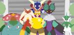 anthro big_breasts bottomwear breasts clothed clothing featureless_chest female front_view fully_clothed group male pose shirt shorts team_pose topwear heyitshappydoodles nintendo pokemon pokemon_trainer amphibian avian bird blaziken gallade generation_1_pokemon generation_3_pokemon generation_4_pokemon generation_6_pokemon greninja human humanoid mammal noivern pokemon_(species) venusaur hi_res lineless