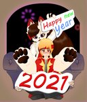 anthro duo fireworks fur furniture hair long_tail looking_at_viewer male open_mouth shy sitting sky sofa tail text window ruuji canid canine canis domestic_dog fox human mammal wolf 2021 animated high_framerate short_playtime