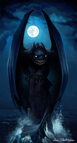 ambiguous_gender bared_teeth black_body black_scales cloud dark feral full_moon glowing glowing_eyes horn membrane_(anatomy) membranous_wings moon night open_mouth outside scales sharp_teeth sky snarling solo tail teeth water wings kate_pfeilschiefter dreamworks european_mythology how_to_train_your_dragon mythology toothless dragon fury_(httyd) mythological_creature mythological_scalie night_fury scalie western_dragon cool_colors hi_res