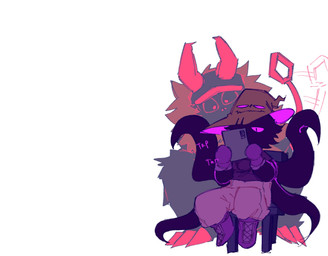 ambiguous_gender anthro biped brown_body brown_fur chair claws clothed clothing daww duo fully_clothed fur furniture gaming gloves hair handwear hat hat_only headgear headgear_only headwear headwear_only holding_tablet long_tail looking_at_tablet looking_over male mostly_nude neck_tuft on_chair playing_video_game purple_body purple_clothing purple_eyes purple_hair red_body red_claws red_eyes red_fur roblox_spawn_symbol sitting sitting_on_chair sitting_on_ground tablet tablet_computer tail tail_motion tailwag tentacles tuft witch_hat sonyafiish forsaken_(roblox) roblox azure_(forsaken) guest_666_(forsaken) demon humanoid mammal tentacle_creature unknown_species hi_res nonbinary_(lore)
