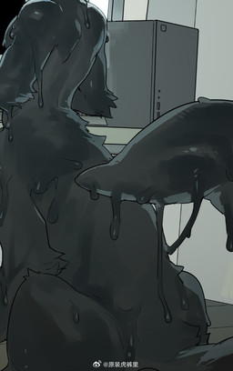 6_limbs black_body black_fur desk electronics fur furniture latex latex_body male male_taur nude nude_male solo table milkybot canid canid_taur canine canis goo_creature mammal mammal_taur taur