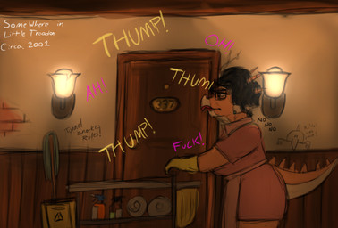 alternate_species anthro apron black_hair clothing cosplay crossover_cosplay detailed_background dialogue ear_piercing ear_ring eyewear facial_horn furrification glasses graffiti hair head_spikes horn hotel hotel_staff lipstick long_tail maid_uniform makeup multicolored_body multicolored_scales nose_horn orange_body orange_scales piercing profanity rectangular_glasses red_lipstick ring_piercing scales short_hair solo spiked_tail spikes spikes_(anatomy) tail tan_body tan_scales text two_tone_body two_tone_scales uniform joebamna cavemanon_studios family_guy snoot_game consuela_(family_guy) aquilops ceratopsian dinosaur marginocephalian ornithischian prehistoric_species reptile scalie 2025 absurd_res crossover english_text hi_res