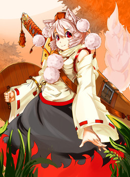 blush breasts clothing dress female grass hair hat headgear headwear melee_weapon outside plant shield smile solo sword tree weapon white_hair dango_ya touhou momiji_inubashiri animal_humanoid canid canid_humanoid canine canine_humanoid humanoid mammal mammal_humanoid wolf_humanoid 2011