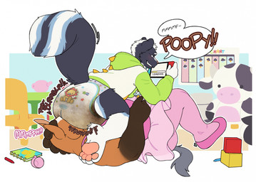 4_toes abdl anthro big_diaper black_body black_fur black_tail blue_body blue_fur blue_tail blush bottomless bottomwear brown_body brown_fur brown_hair brown_hands clothed clothing container cup dancewear dialogue diaper diaper_in_face duo facesitting facesitting_in_diaper feces feet footwear fur gaming hair hoodie hoodie_only huge_diaper legs_on_shoulders lying male male/male muffled_sound nursery onomatopoeia pacifier pink_clothing pink_footwear pink_nose pink_shoes playing_video_game pooping pooping_diaper pooping_on_another raised_tail shoes sitting sitting_on_another skirt soiled_diaper soiling soiling_diaper sound_effects speech_bubble stained_diaper tail tea_cup teapot text toes topwear topwear_only tutu unclean_diaper used_diaper using_diaper white_body white_feet white_fur white_hair white_hands white_sclera white_tail amomon nintendo nintendo_switch budd_hawhee_(dexarooni) fritz_(fritzdaskunk) dinosaur equid equine horse mammal mephitid pony prehistoric_species reptile scalie skunk hi_res