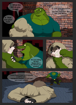 alley anthro attack belt bottomwear brown_body brown_fur clothed clothing dialogue duo eyes_closed fingerless_gloves footwear fur gloves green_body green_scales hair handwear hood male markings mole_(marking) multicolored_body multicolored_fur multicolored_scales muscular muscular_anthro muscular_male pants punch scales scar speech_bubble teeth text topwear two_tone_body two_tone_fur two_tone_scales xxsparcoxx craig_(xxsparcoxx) wildert_(xxsparcoxx) canid canine canis crocodile crocodilian mammal reptile scalie wolf 2015 comic digital_media_(artwork) english_text hi_res