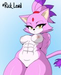 2024 abs anthro areola black_nose blaze_the_cat blue_background breasts countershading digital_drawing_(artwork) digital_media_(artwork) domestic_cat felid feline felis female female_anthro front_view genitals hands_behind_back hi_res looking_at_viewer low-angle_view mammal medium_breasts muscular muscular_anthro muscular_female navel nipples nude pink_areola pink_body pink_nipples pink_tail purple_tuft pussy rick_lewd sega simple_background solo sonic_the_hedgehog_(series) tail tail_tuft tan_eyes tan_inner_ear thick_thighs tuft white_body white_countershading white_face