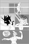 anthro breasts clock-face comic demon duo english_text female fish hi_res marine monochrome nipples non-mammal_breasts nude nyjasca outside shark sharp_teeth standing teeth text