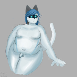 balls belly blue_body blue_eyes blue_hair blue_skin foreskin genitals hair machine male obese overweight penis smile solo wide_hips owlord android felid feline mammal robot 1:1 absurd_res hi_res