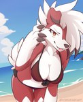 anthro beach bent_over bikini breasts cleavage clothed clothing eyelashes fangs female fur generation_7_pokemon hair hair_over_eye looking_at_viewer lycanroc medium_breasts midnight_lycanroc multicolored_body multicolored_fur narrowed_eyes nintendo one_eye_obstructed open_mouth pokemon pokemon_(species) red_body red_fur seaside solo swimwear tail teeth two_tone_body two_tone_face two_tone_fur white_body white_face white_fur yorusagi