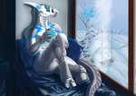 anthro bed beverage furniture holding_beverage holding_object hot_drink inside looking_aside looking_away machine male nude plant snow solo swing tail tree window lugen_kobold komuros android robot synth_(vader-san) 2021