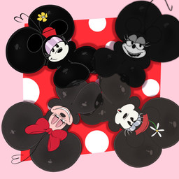 accessory anthro big_breasts big_butt black_body black_eyes bow_ribbon breasts butt clothing female female/female group hair_accessory hair_bow hair_ribbon hat headgear headwear huge_breasts huge_butt nipples ribbons smile tail rabbit5gamer disney minnie_mouse 1:1 hi_res