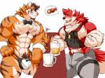 alcohol anthro beverage blush bow_(feature) bow_tie bulge clothing duo male mostly_nude muscular muscular_male open_mouth pecs pubes smile standing underwear daikitei chippendales ren_(daikitei) canid canine canis felid mammal pantherine tiger wolf absurd_res hi_res