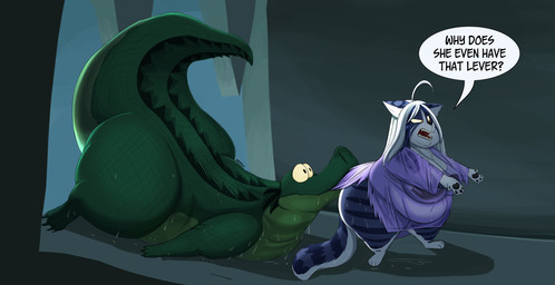 anthro belly breasts claws clothed clothing dialogue fangs female feral fur hair open_mouth overweight overweight_anthro overweight_female paws raised_tail scales speech_bubble tail teeth text thick_thighs wet wet_body wet_clothing wet_fur wet_hair wide_hips shenzel disney the_emperor's_new_groove shenzel_(shenzel) alligator alligatorid crocodilian domestic_cat felid feline felis mammal reptile scalie 2026 english_text hi_res