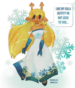 anthro antlers armwear blonde_hair blue_clothing blue_ear_ring blue_gloves blue_handwear brown_body brown_eyes brown_fur choker clothing dress elbow_gloves female freckled_face freckles fur gloves hair handwear hoof_hands horn jewelry necklace solo text white_clothing white_dress supersilly64 deltarune undertale_(series) noelle_holiday deer mammal new_world_deer reindeer english_text hi_res