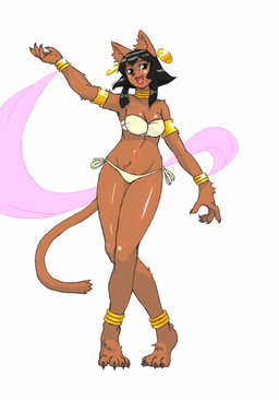 anklet anthro armlet bandeau bikini black_eyes black_hair blush bracelet breasts brown_body brown_fur choker claws clothed clothing dancing ear_piercing female fur hair harem harem_outfit jewelry necklace piercing pose side-tie_bikini simple_background skimpy solo string_bikini swimwear tail toe_claws topwear two-piece_swimsuit white_background white_bikini white_clothing white_swimwear wide_hips kemonon domestic_cat felid feline felis mammal 2007 digital_media_(artwork) oekaki