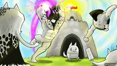 2_horns abs action_pose ambiguous_gender angry anthro biped black_body black_eyes black_hair black_spots bottomwear clothed clothing day eyebrows feral fight fist group hair horn imminent_death loincloth loincloth_only male mohawk muscular muscular_anthro muscular_male open_mouth outside pose quadruped scared spots sun topless whiskers white_body white_eyes white_nose machinewithsoul ponos_corp. the_battle_cats baby_cat_(the_battle_cats) crazed_m.titan doge_(the_battle_cats) manic_eraser manic_mohawk domestic_cat felid feline felis mammal 2017 absurd_res character_request hi_res