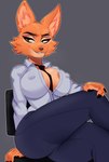 anthro areola areola_slip bottomwear breasts chair clothing countershading female fur furniture inner_ear_fluff necktie nipple_outline pants shirt simple_background sitting smile solo topwear tuft postblue98 dreamworks the_bad_guys diane_foxington canid canine fox mammal 2022 absurd_res hi_res portrait three-quarter_portrait