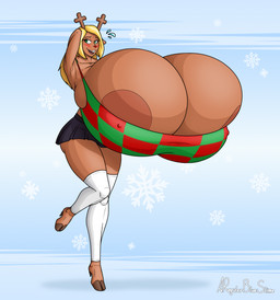 anthro antlers areola areola_slip big_areola big_breasts big_nipples blonde_hair blush bottomwear breasts brown_body brown_fur butt checkered checkered_clothing checkered_topwear clothing curvy_figure female fur hair holidays hooves horn huge_areola huge_breasts huge_nipples hyper hyper_breasts long_hair miniskirt nipples open_mouth pattern_clothing pattern_topwear red_nose shy skirt solo tan_body tan_fur text thick_thighs topwear voluptuous voluptuous_female aregularblueslime deltarune undertale_(series) noelle_holiday deer mammal monster new_world_deer reindeer 2025 hi_res