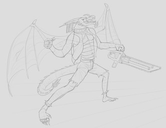 anklet anthro bottomwear chainsaw cheek_spikes chin_horn clothed clothing collar facial_horn facial_spikes holding_chainsaw holding_object holding_power_tool holding_tool horn jewelry legband male male_anthro membrane_(anatomy) membranous_wings navel nose_horn open_mouth pants power_tool simple_background solo spiked_anklet spiked_collar spiked_legband spiked_tail spikes spikes_(anatomy) standing tail tools topwear torn_bottomwear torn_clothing torn_pants vest wings aduran mythology dragon mythological_creature mythological_scalie scalie monochrome sketch