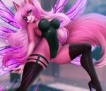 anthro blue_eyes boots breasts clothed clothing eyelashes female fingers footwear fur hair high_heeled_boots high_heels legwear lips looking_at_viewer nails shoes smile solo thigh_boots thigh_highs wings adorableinall mariah_veiethe canid canine canis mammal wolf digital_media_(artwork)