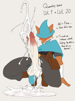 anthro arrow_sign balls belt big_balls big_penis black_bodysuit black_clothing black_nose black_skinsuit blue_cape blue_clothing blue_hat blue_headwear blush blush_lines bodily_fluids bodysuit cape clothing cum cum_pool ejaculation fur gameplay_mechanics genital_fluids genitals hands-free hat hat_over_eyes headgear headwear huge_penis humanoid_genitalia humanoid_penis kneeling magic_user male multicolored_body multicolored_fur orange_body orange_ears orange_fur orange_tail orgasm penis skinsuit solo spontaneous_ejaculation tail text three-quarter_view tight_clothing two_tone_body two_tone_fur two_tone_tail utility_belt vein veiny_penis white_body white_fur white_tail white_wristband wizard_hat wristband shinnammon megabonk fox_(megabonk) canid canine canis fox mammal 2025 3:4 digital_media_(artwork) english_text hi_res