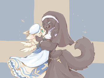 anthro black_body black_clothing black_fur black_hair blush breasts clothed clothing cross duo eye_contact female fully_clothed fur green_eyes hair kemono long_hair looking_at_another nun open_mouth simple_background snout teeth white_body white_fur white_hair wings kemonngo angel mammal 2021 hi_res