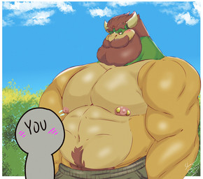 abs ambiguous_gender anthro barazoku beard big_muscles blush body_hair border clothing cloud day detailed_background duo eyebrows facial_hair flustered hair happy_trail horn looking_at_another male musclegut muscular muscular_anthro muscular_male navel nipple_piercing nipples outside pecs piercing plant pubes shrub size_difference sky standing text underwear white_border shadowmatamori mario_bros nintendo anon bowser ych_(character) humanoid koopa scalie 2021 english_text hi_res signature