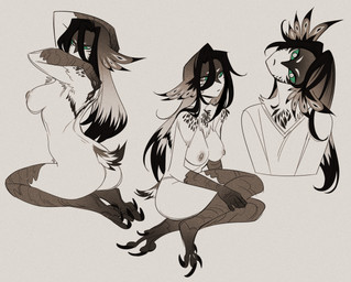 big_breasts breasts butt feathers feet female green_eyes hair head_turned kneeling knees_up long_hair looking_at_viewer looking_back mostly_monochrome multiple_poses neutral_expression nipples nude pose rear_view solo tail tail_feathers talons toes wide_eyed glacierclear oxford_(glacierclear) animal_humanoid avian avian_humanoid humanoid 2026 pinup