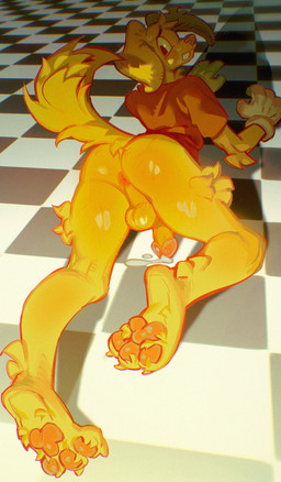 anthro anus arm_tuft balls bodily_fluids bottomless bottomless_anthro bottomless_male butt checkered checkered_floor clothed clothing cum elbow_tuft eyebrows feet fur genital_fluids genitals gloves handwear looking_back male male_anthro pawpads penis perspective rear_view red_clothing red_shirt red_t-shirt red_topwear shirt solo sweat sweatdrop t-shirt tail topwear tuft white_clothing white_gloves white_handwear yellow_balls yellow_body yellow_ears yellow_fur yellow_tail shug888 glitch_productions the_amazing_digital_circus scratch_(tadc) bird_dog canid canine canis domestic_dog hunting_dog mammal retriever 2026 full-length_portrait hi_res portrait