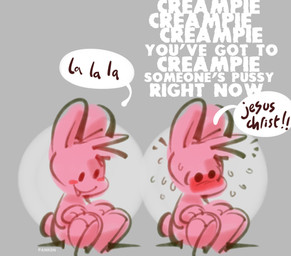 anthro black_text blush blush_lines bodily_fluids cotton_tail flying_sweatdrops fur grey_background intrusive_thoughts male pink_body pink_fur profanity simple_background sitting smile solo surprise_arousal sweat sweatdrop text white_text panken panken_(character) lagomorph leporid mammal rabbit 2025 artist_name english_text