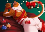 anthro balls bound bow_ribbon butt christmas_decorations christmas_lights christmas_ornament genitals looking_at_viewer looking_back lying male red_ribbon smile solo vitaly4321 fionnthecat domestic_cat felid feline felis mammal absurd_res hi_res