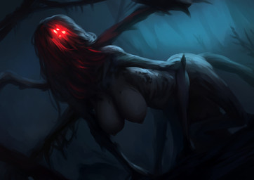 big_breasts bipples breasts female front_view glowing glowing_eyes grey_body grey_hair hair hair_over_face long_hair multi_eye multi_limb red_eyes solo wide_hips baddelz european_mythology greek_mythology mythology arachne arachnid arthropod humanoid hi_res