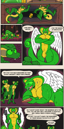3_toes 4_fingers abs after_transformation anthro back_muscles beef biped blush blush_lines butt casual_nudity cave claws clothing cursed cursed_object detailed_background dialogue digitigrade eating falling fangs feet fingers flaccid food foreskin furniture genitals gesture green_body green_eyes green_scales group growth hand_gesture holding_object humanoid_genitalia humanoid_penis looking_at_another lying male male/male markings meat multicolored_body multicolored_scales muscular muscular_anthro muscular_male nude nude_male on_front on_top_of_another pecs penis scales serving_food serving_tray sitting size_difference snake_hood spatula standing steak surprised table tail teeth text thumbs_up toes tools transformation transformation_through_magic trap_(contrivance) trio two_tone_body two_tone_scales winged_serpent wings 60percentscalie cobra deity reptile scalie snake absurd_res comic digital_media_(artwork) english_text hi_res