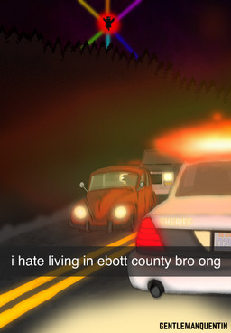 anthro car driving first_person_view forest landscape male night plant police police_car police_vehicle road shitpost solo text text_box tree vehicle gentlemanquentin dragon_ball dragon_ball_z ford ford_crown_victoria snapchat undertale undertale_(series) volkswagen volkswagen_beetle volkswagen_group asriel_dreemurr_(god_form) goku boss_monster_(undertale) bovid caprine goat human humanoid mammal soul_(undertale) english_description english_text hi_res meme