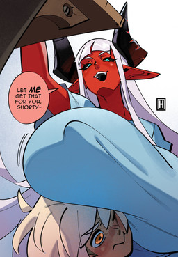 2_horns big_breasts blonde_hair blue_eyes blush breasts clothed clothing duo female hair horn huge_breasts larger_female larger_humanoid long_hair male male/female male_human nipple_outline red_body shirt short_hair size_difference smaller_human smaller_male speech_bubble taunting text topwear under_boob under_breasts white_hair yellow_eyes thehelmetguy helm_(thehelmetguy) lyla_(thehelmetguy) demon demon_humanoid human humanoid mammal 2025 absurd_res digital_media_(artwork) english_text hi_res