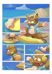 absurd_res alolan_form alolan_raichu beach clothed clothing comic comic_panel dialogue english_text falling floating generation_7_pokemon gralicbutter hat headgear headwear hi_res male nintendo pokemon pokemon_(species) regional_form_(pokemon) seaside sky surfing text