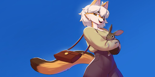 anthro clothed clothing domestic_pet duo ear_tuft facial_tuft fangs female feral fingers fur furries_with_pets hair handbag holding_animal long_ears looking_at_viewer multicolored_body multicolored_fur purse smile teeth tongue tuft white_hair chipsgm culpy_(chipsgm) canid canine cottontail_rabbit culpeo_fox fox lagomorph leporid mammal rabbit south_american_fox 2026 absurd_res digital_drawing_(artwork) digital_media_(artwork) hi_res
