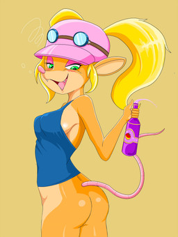 anthro beverage blonde_hair bottle bottomless breasts bubble butt clothed clothing container drunk drunk_bubble eyeshadow eyewear fangs female genitals goggles green_eyes hair hat headgear headwear long_hair long_tail makeup pigtails pink_eyeshadow pink_nose shirt side_boob smile solo substance_intoxication tail tank_top teeth topwear vulva zebra10045 activision crash_bandicoot_(series) crash_team_racing_(series) crash_team_racing_nitro-fueled pasadena_o'possum american_opossum mammal marsupial virginia_opossum hi_res