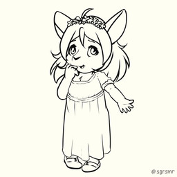 anthro biped clothed clothing dress eyebrows female flower flower_crown footwear front_view hair looking_at_viewer open_mouth plant simple_background solo standing white_background young young_anthro young_female maverick lagomorph leporid mammal rabbit 1:1 2026 hi_res monochrome
