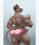 anthro back_muscles belly big_belly big_butt biped blue_eyes briefs brown_body brown_fur brown_hair butt claws clothing ear_piercing ear_ring feline_ears from_behind_position fur gesture hair hand_gesture hand_on_hip highlights_(coloring) inner_ear_fluff looking_at_viewer looking_back male muscular muscular_anthro muscular_male outline piercing pink_nose pregnant pregnant_anthro pregnant_male rear_view ring_piercing sex simple_background smile solo suggestive_underwear tail tail_tuft text text_on_clothing text_on_underwear thick_thighs touching_own_hip triceps tuft underwear v_sign wide_hips laew cougar felid feline mammal pantherine 2022 absurd_res digital_media_(artwork) english_text hi_res portrait shaded signature three-quarter_portrait